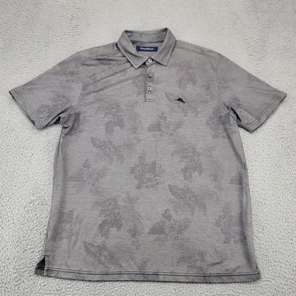 Tommy Bahama Shirt Mens Large Gray Pima Cotton Palm Floral Polo Outdoors Relax